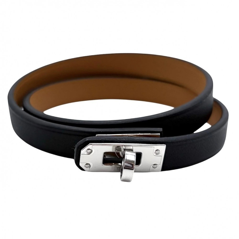 HERMES Black Leather Charm Bracelet